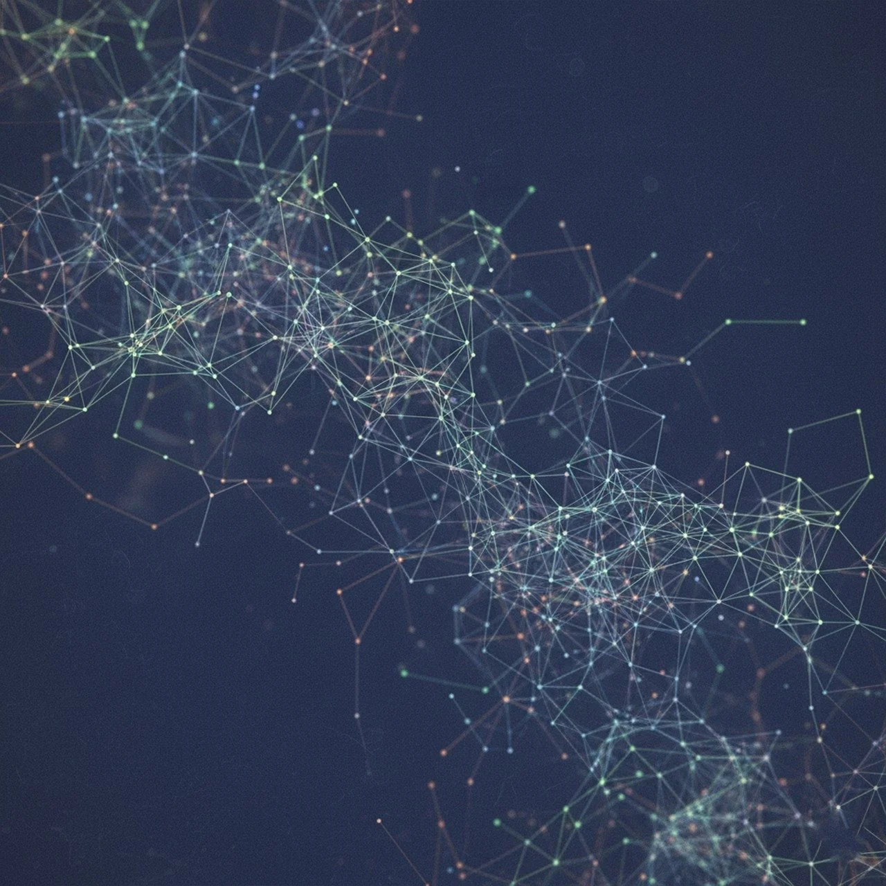 Abstract, futuristic network visualization with interconnected nodes of glowing light, representing data flow and intelligent systems against a deep, dark cosmic background.